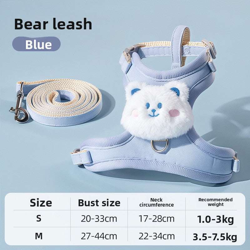 Kawaii Bear Plush Cat Walking Vest -Breathable Pastel Blue Traction Rope & Harness Set for Aesthetic Pet Adventures