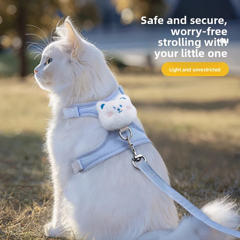Kawaii Bear Plush Cat Walking Vest -Breathable Pastel Blue Traction Rope & Harness Set for Aesthetic Pet Adventures