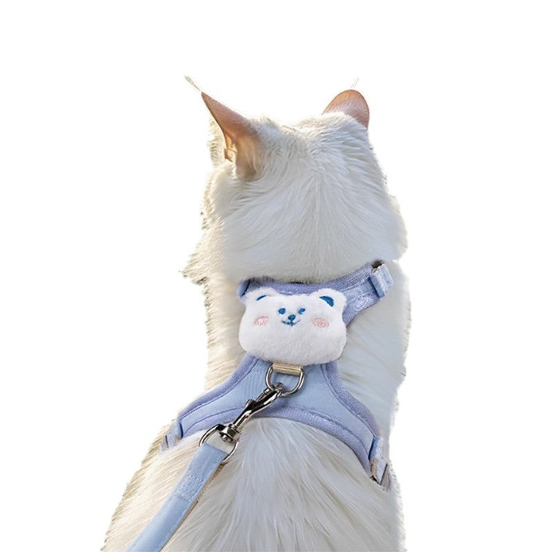 Kawaii Bear Plush Cat Walking Vest -Breathable Pastel Blue Traction Rope & Harness Set for Aesthetic Pet Adventures