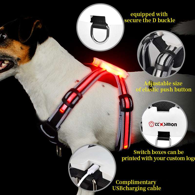 ChromaGlow 7-Color Changing LED Pet Harness - Multicolor USB Rechargeable Safety Vest with Leash