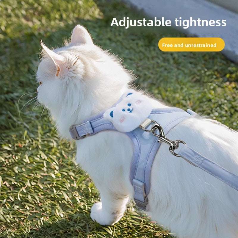 Kawaii Bear Plush Cat Walking Vest -Breathable Pastel Blue Traction Rope & Harness Set for Aesthetic Pet Adventures